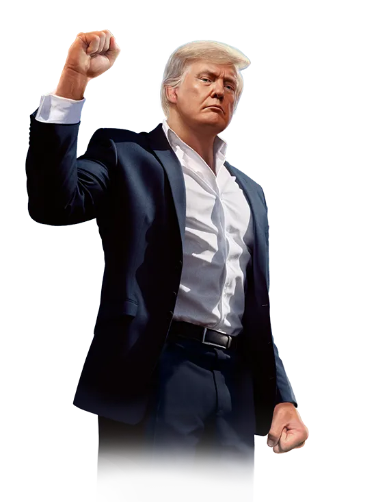 Illustrated Donald Trump figure in the raised-fist fight pose that became the signature $TRUMP meme image.