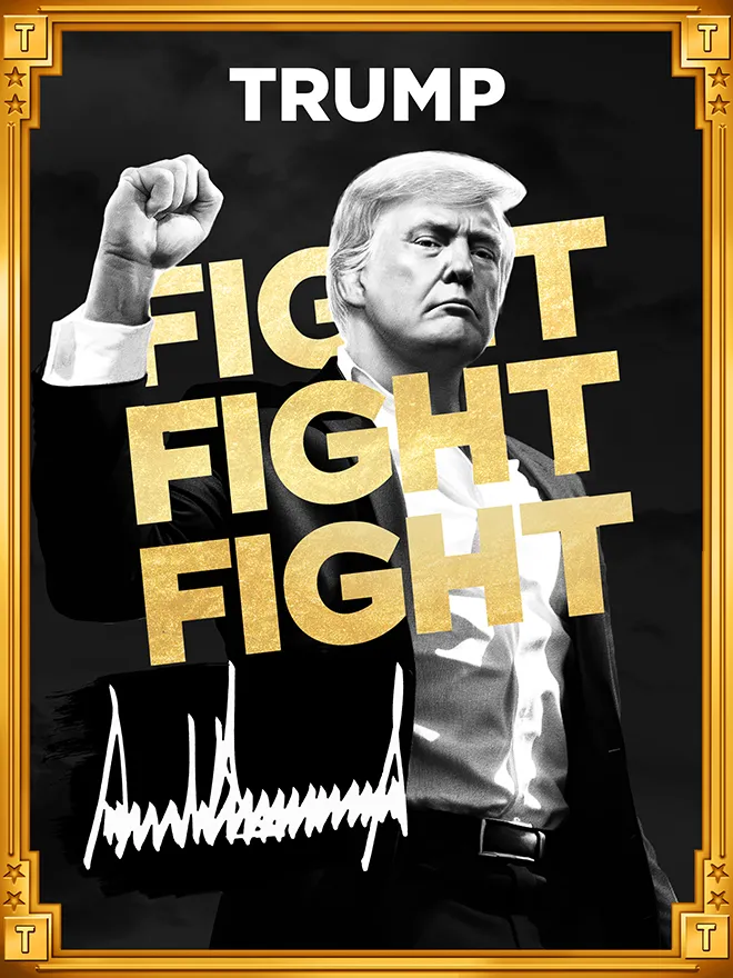 $TRUMP collectible trading card — Donald Trump in a fight pose over FIGHT FIGHT FIGHT lettering, with his signature